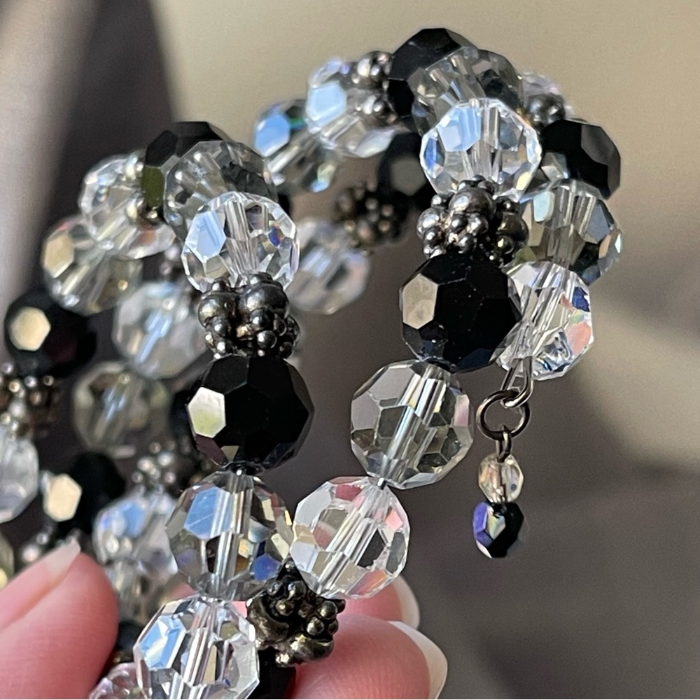 Memory Wire Bracelet Sterling Silver Bead Spacers Black Clear Gray Faceted Glass